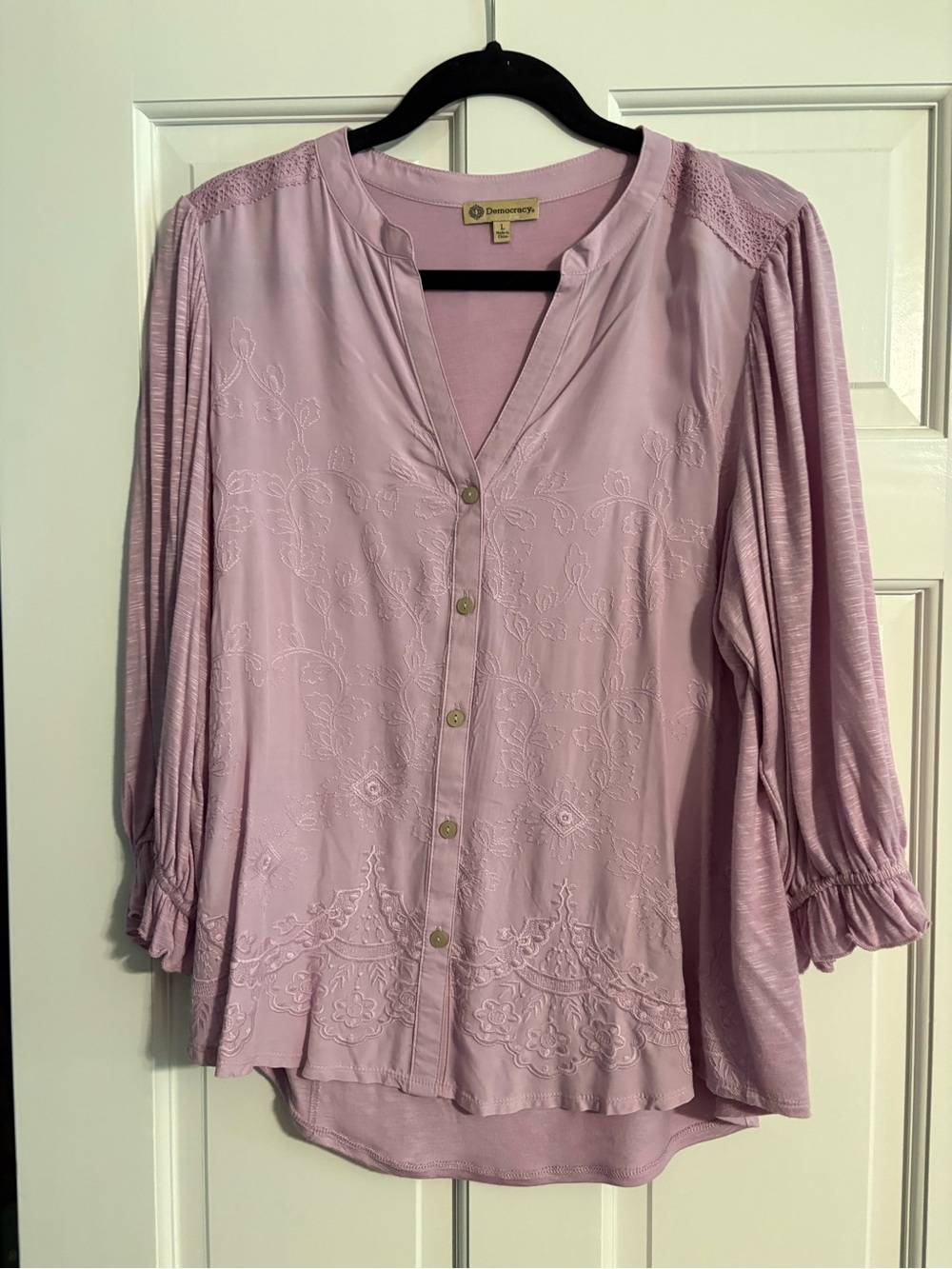 Democracy Soft Lilac Embroidered V-Neck Button Front Blouse